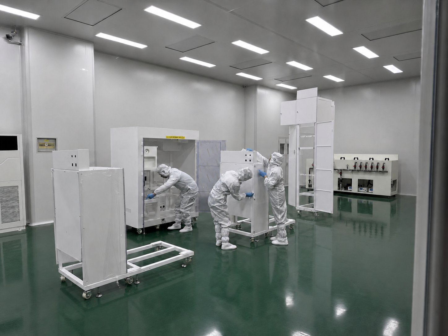 Cleanroom assembly bay with gowned technicians at ACE Suzhou