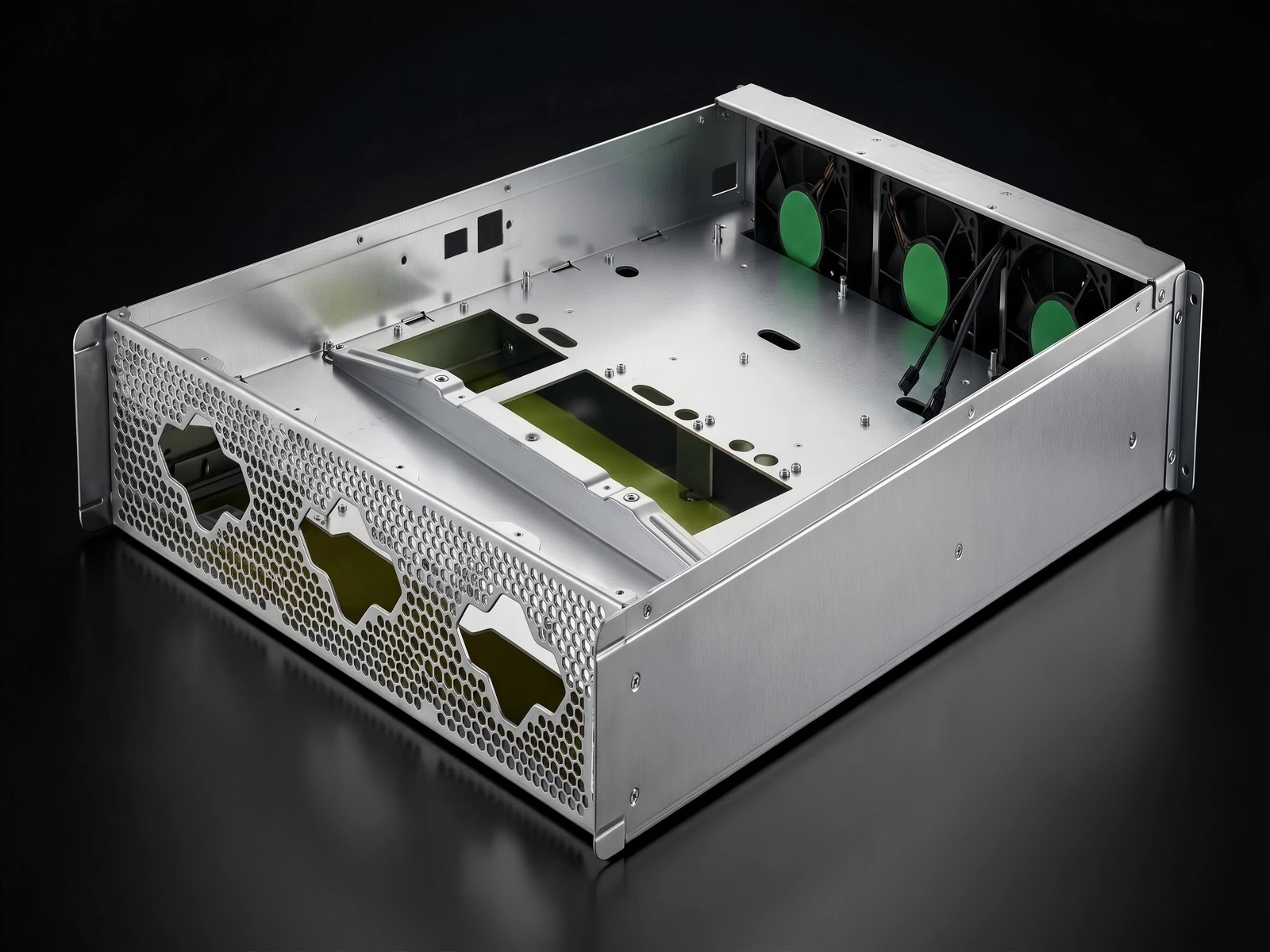 AI server enclosure interior with fan wall and perforated venting — ACE Sheet Metal